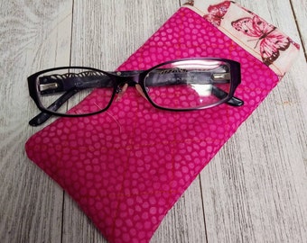 Quilted PINK Fabric Eye Glass Case Lined with Butterflies for ALL SIZES Lens Frames Readers Reading Glasses