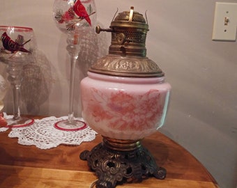 Vintage Victorian Ceramic Pink Hand Painted Hurricane Style Lamp Brass Pedestal Electric Works