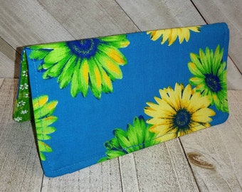 Mums Checkbook Cover Floral Teal Fabric Print Coupon Wallet Holder Clutch Purse Billfold USA Ready-Made