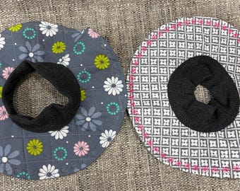 2 Size Small Cat Show Bibs QUILTED Embroidered Cotton Prints Stretch Rib Slip Over Turtle Neck Collar