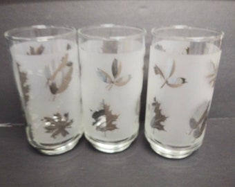 Frosted LIBBY Tea Glasses Water Goblets Vintage Silver Leaves Set of Three