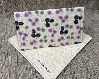 Purple Floral Fabric Checkbook Cover Handmade Card Holder Wallet Clutch Purse
