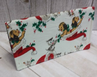 Dogs Cats Check Book Cover Vintage Pattern Santa Hats Registry Document Coupon Organizer Purse Fabric