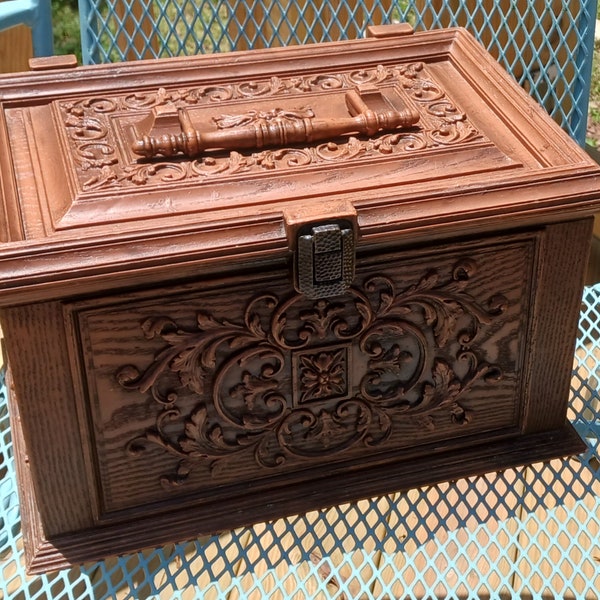 Vintage Plastic Sewing Basket Faux Carved Wood with Hinges Handle Removeable Tray Thread for Accessories