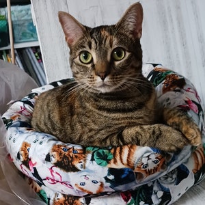 May include: A tabby cat with green eyes rests in a round cat bed. The bed is patterned with various cat faces in shades of orange, white, and brown against a white background. The cat's fur is brown and black, and it is looking directly at the camera.
