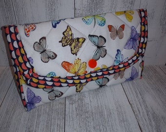 Butterflies SNAP Closure CLUTCH Pouch Purse Document Coupon Organizer Sanitary Make-Up Case Eyeglass Quilted Foam Fabric