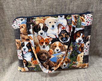 Zippered Bag Puppy Print Fabric Tote Purse Straps USA Handmade
