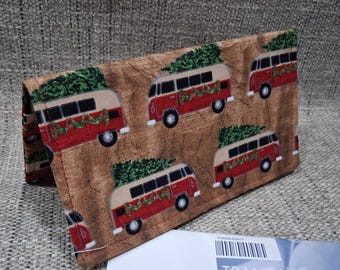 RED VW Bus Fabric Check Book Cover Transactions Registry Cotton Document Coupon Purse Accessory