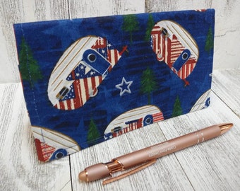 Patriotic Camper Trailors Check Book Cover Transaction Registry Cotton Fabric Document Coupon Organizer Purse Accessory
