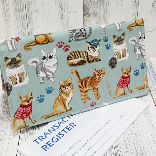 Funny CATS Cat LOVERS Check Book Cover Transaction Registry Cotton Fabric Document Coupon Purse Accessory
