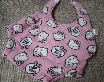 Newborn Baby Bib Quilted Flannel Snap Diaper Cover Pink Kitty Ready Made Set