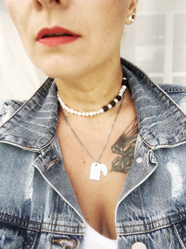 B/&W freshwater pearls and black mineral beads choker