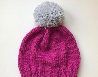 Bobble Hat in Pink Chunky Yarn with Grey Pom Pom