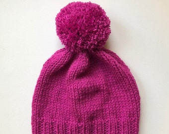 Bobble Hat in Pink Chunky Yarn with Pink Pom Pom