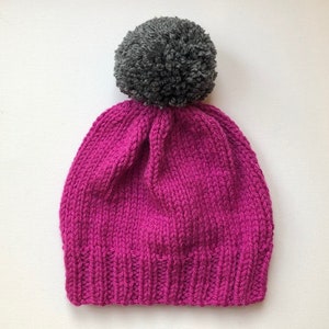 Bobble Hat in Pink Chunky Yarn with Grey Pom Pom