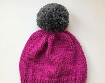 Bobble Hat in Pink Chunky Yarn with Grey Pom Pom