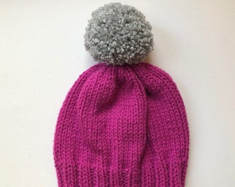 Bobble Hat in Pink Chunky Yarn with Grey Pom Pom