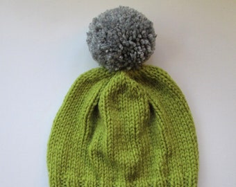 Bobble Hat in Lime Green Chunky Yarn with Grey Pom Pom