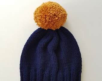 Bobble Hat in Navy Blue Chunky Yarn with Mustard Pom Pom