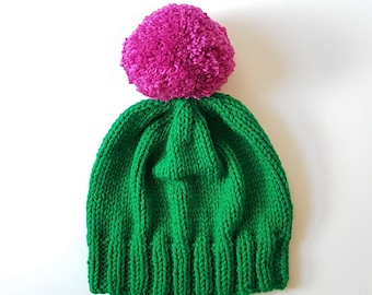 Bobble Hat in Emerald Green Chunky Yarn with Pink Pom Pom