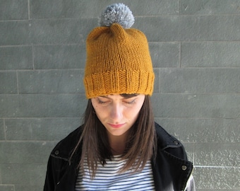 Bobble Hat in Mustard Chunky Yarn with Grey Pom Pom