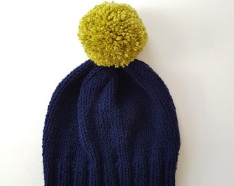 Bobble Hat in Navy Blue Chunky Yarn with Lime Green Pom Pom