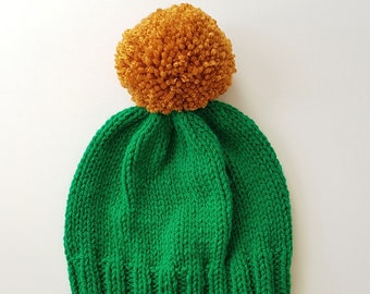 Bobble Hat in Emerald Green Chunky Yarn with Mustard Pom Pom