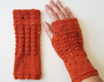 Fingerless Gloves, Mittens, Wrist Warmers in Burnt Orange Tweed Aran Wool