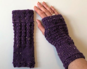 Fingerless Gloves, Mittens, Wrist Warmers in Purple Tweed Aran Wool