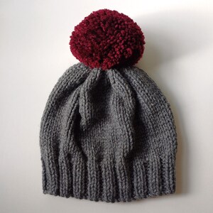Bobble Hat in Mid Grey Chunky Yarn with Burgundy Pom Pom