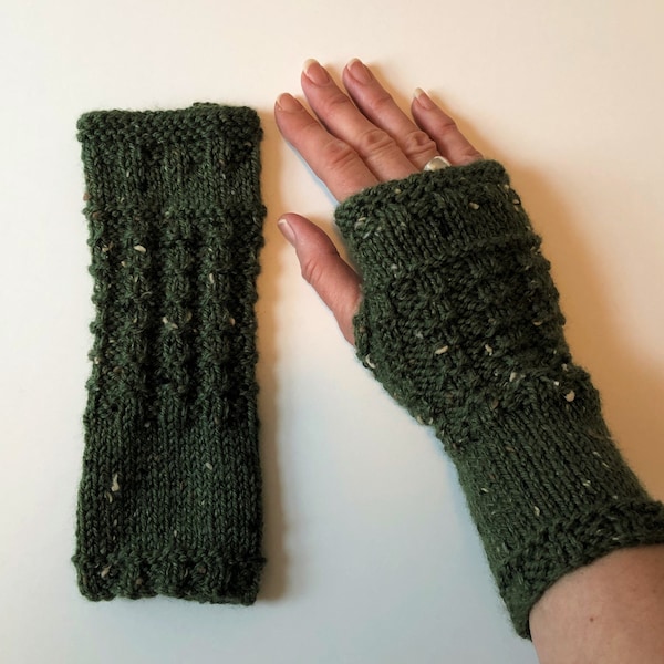 Fingerless Gloves, Mittens, Wrist Warmers in Dark Olive Green Tweed Aran Wool