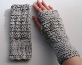 Fingerless Gloves, Mittens, Wrist Warmers in Light Grey Aran Wool