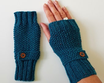 Fingerless Gloves in Teal Blue Tweed Aran Wool