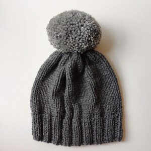 Bobble Hat in Mid Grey Chunky Yarn with Light Grey Pom Pom