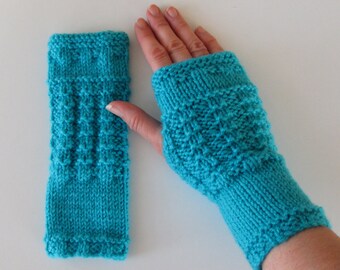 Fingerless Gloves, Mittens, Wrist Warmers in Turquoise Aran Wool