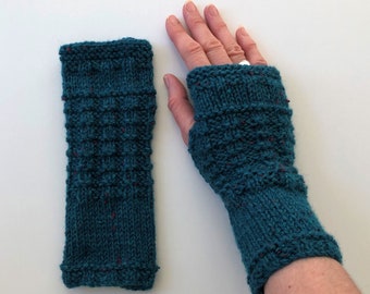 Fingerless Gloves, Mittens, Wrist Warmers in Dark Teal Blue Tweed Aran Wool