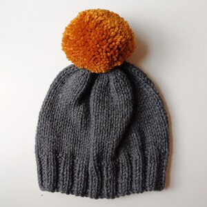 Bobble Hat in Mid Grey Chunky Yarn with Mustard Pom Pom