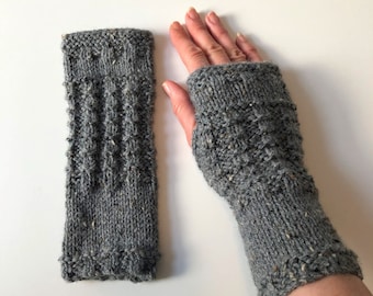 Fingerless Gloves, Mittens, Wrist Warmers in Grey Tweed Aran Wool