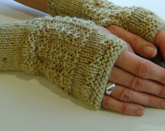 Fingerless Gloves, Mittens, Wrist Warmers in Sand Aran Wool