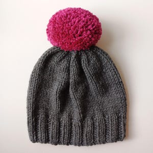 Bobble Hat in Mid Grey Chunky Yarn with Pink Pom Pom