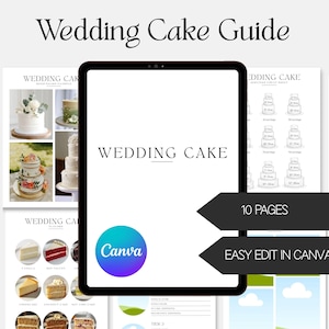 Puede incluir: Una guía digital de pasteles de boda que se muestra en una tableta. La guía incluye el texto "Wedding Cake Guide" y "Wedding Cake". La guía tiene 10 páginas y es fácil de editar en Canva. La guía incluye imágenes de pasteles de boda.