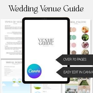 Könnte beinhalten: Ein digitaler Hochzeitsführer auf einem Tablet. Der Leitfaden enthält Abschnitte zu Veranstaltungsorten, floralen Paletten und Brautstraußdetails. Das Canva-Logo ist sichtbar, mit Text, der über 70 Seiten und einfache Bearbeitung anzeigt.