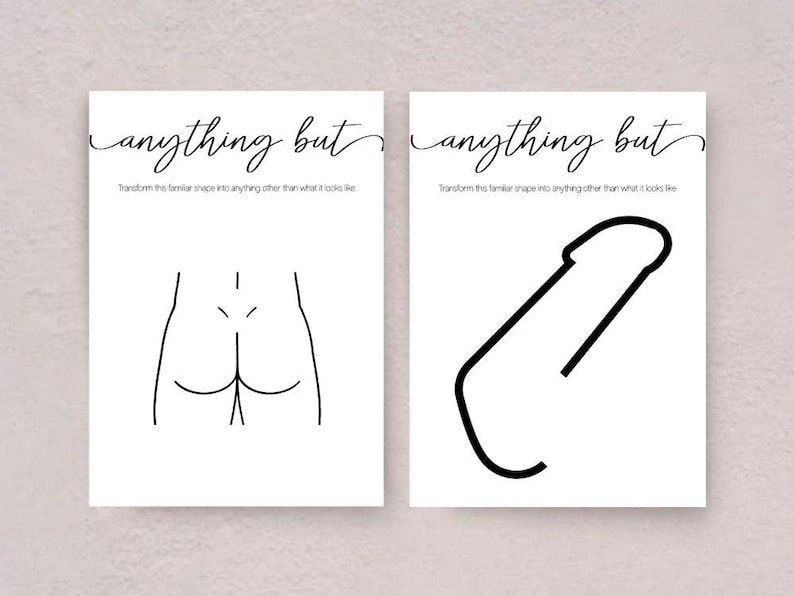 May include: Two minimalist art prints on white backgrounds. One features a black line drawing of a buttocks, the other a black line drawing of a penis. Both prints have the text "anything but" in cursive at the top.