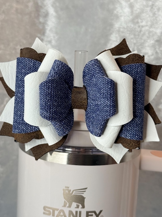 Denim and dark brown faux leather tumbler bow