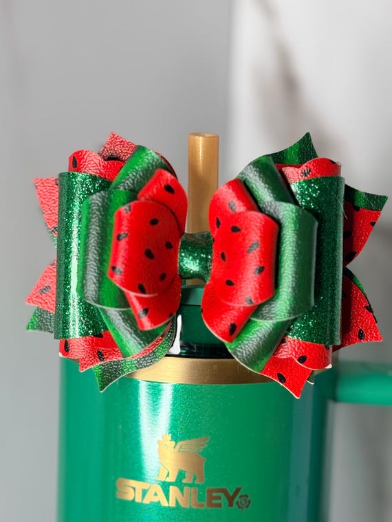 Watermelon Summer Tumbler Bow | Red & Green Glitter Cup Bow | Stanley Accessory