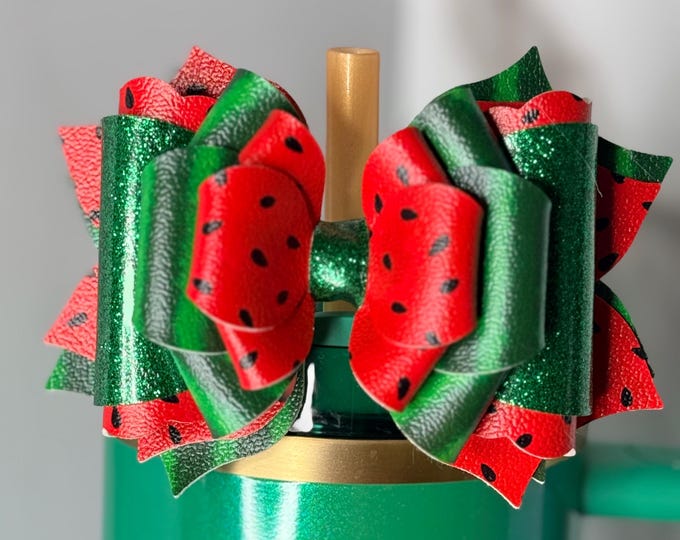 Featured listing image: Watermelon Summer Tumbler Bow | Red & Green Glitter Cup Bow | Stanley Accessory