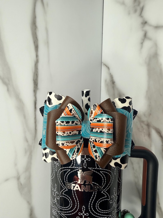 Cow Print Tumbler Bow | Western Faux Leather Cup Accessory