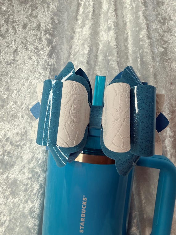 Light blue glossy glitter and white Tumbler Bow