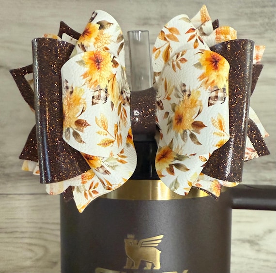 Yellow and brown glitter floral tumbler bow 4.5 inch