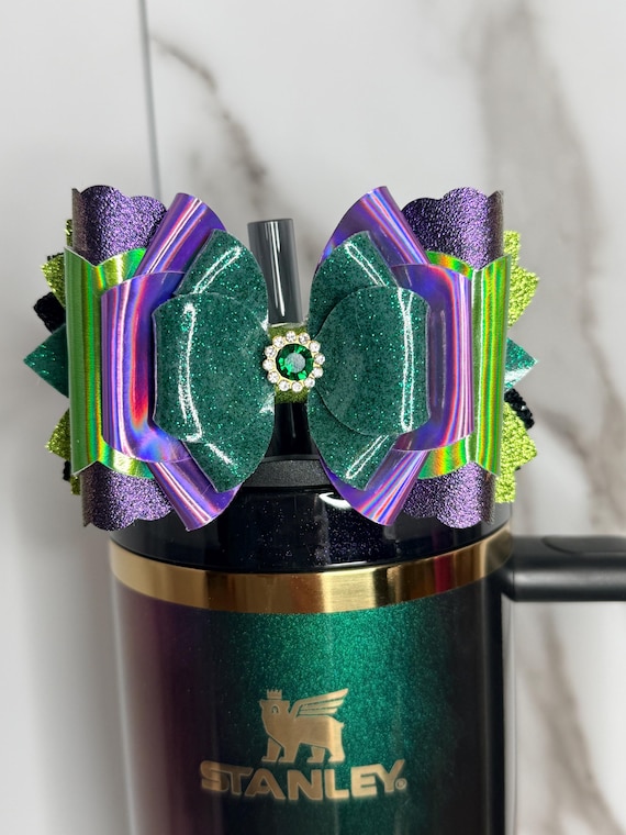 Green & Purple Glitter Tumbler Bow: Faux Leather Stanley Cup Accessory